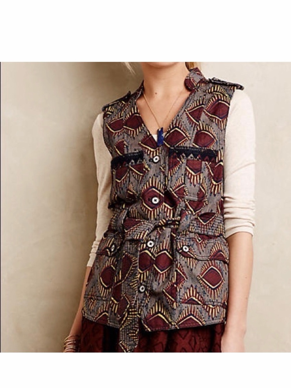 Anthropologie Burgundy and Gray Patterned Sleeveless Tie-Waist Vest